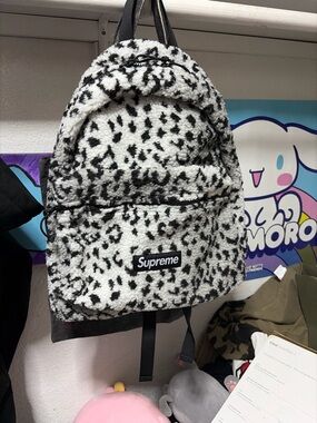 Supreme Black & White Sherpa Leopard-Print Backpack